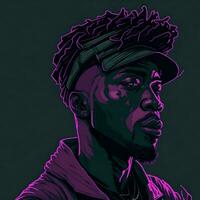 Illustration von ein schwarz Rapper im ein lila und Grün Duotone Stil, ai generativ foto
