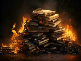 verbrannt Stapel von Bücher Stapel auf Feuer Wissen hat verloren Konzept generativ ai foto