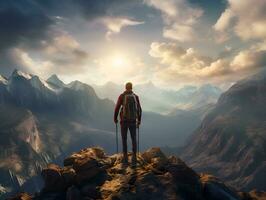 männlich Wanderer mit Wandern Tasche auf das Berg Cliff mit Himmel Aussicht generativ ai foto