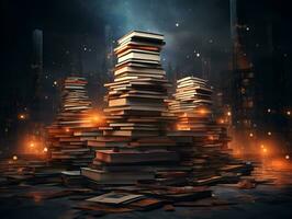 verbrannt Stapel von Bücher Stapel auf Feuer Wissen hat verloren Konzept generativ ai foto