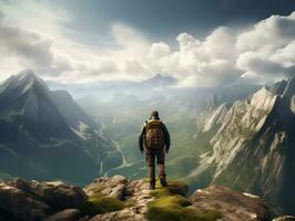 männlich Wanderer mit Wandern Tasche auf das Berg Cliff mit Himmel Aussicht generativ ai foto