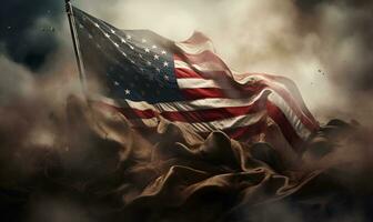 USA Flagge schmutzig Rauch filmisch winken Krieg Konzept generativ ai foto