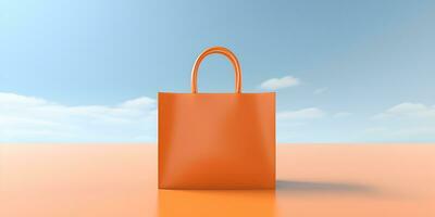 Orange Einkaufen Tasche mit Blau Meer Strand und klar Himmel Hintergrund ai generativ foto