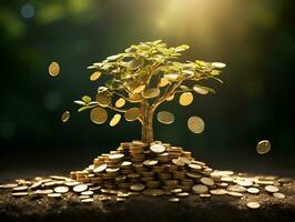 klein Obst Baum Gold Münze ai generativ Speichern und Investition Konzept foto