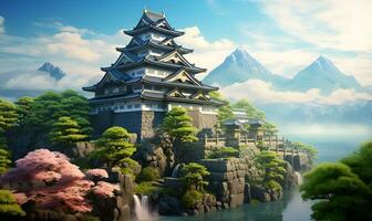 japanisch Schloss mit großartig Sicht, generativ ai foto