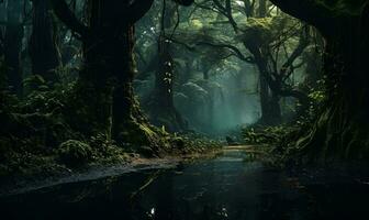mysteriös uralt Regenwald mit dramatisch Licht dicht Wald ai generativ foto
