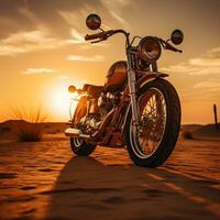 klassisch männlich Motorrad auf staubig Ödland mit Sonnenuntergang Hintergrund, generativ ai foto