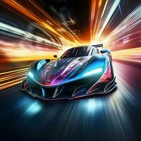 Rennen Autos im hoch Geschwindigkeit mit Neon- Auswirkungen, ai generativ foto
