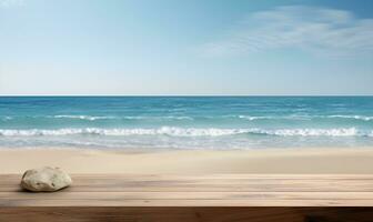 Fokus hölzern Tabelle mit hell Himmel, Meer Strand Hintergrund, ai generativ foto