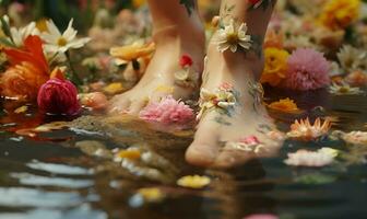 Frau Dips Füße im Wasser voll von Blumen, ai generativ foto