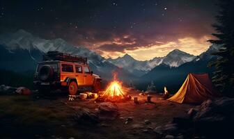 Berg Lagerfeuer und Backpacker Auto mit Berg Hintergrund, generativ ai foto
