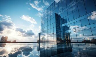 Wolkenkratzer mit reflektieren Glas Wände, ai generativ foto