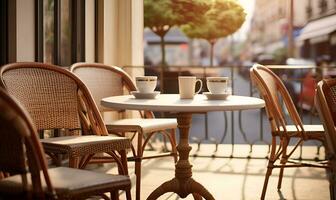 typisch europäisch Straßenrand Cafe, ai generativ foto