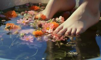 Frau Füße eingeweicht im Blume Wasser, ai generativ foto