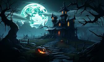Karikatur Bild von ein verfolgt Haus im das Stil von Halloween Hintergrund, ai generativ foto