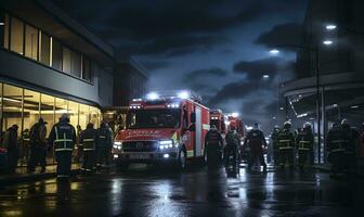 Feuer Lastwagen und Feuerwehrleute, ai generativ foto