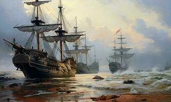 europäisch kolonial Schiffe auf das Küste, ai generativ foto