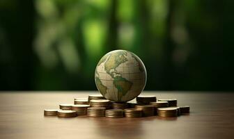Miniatur Erde Globus und Stapel von Münzen, ai generativ foto
