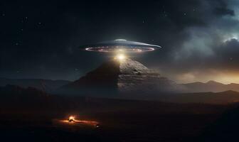 UFO Über Pyramide beim Nacht, ai generativ foto