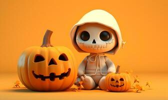 Baby süß Skelett und Halloween Kürbis Hintergrund Kopieren Raum, ai generativ foto