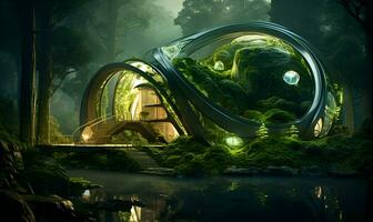 futuristisch modern Haus im das Mitte von das Wald, ai generativ foto