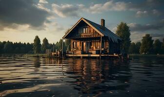 hölzern Haus auf das Wasser, ai generativ foto