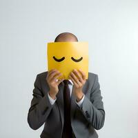 männlich Büro Arbeiter Abdeckung Gesicht mit traurig Emoji Weiß Hintergrund, ai generativ foto
