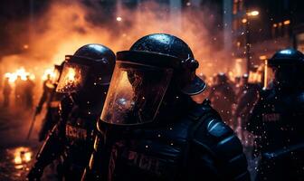 randalieren Polizei bewachen Unruhen, ai generativ foto