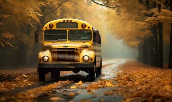 Gelb Schule Bus Auto auf das Straße mit Herbst Orange Blätter, ai generativ foto