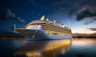 Riese Luxus Kreuzfahrt Schiff im das Nacht Meer, ai generativ foto