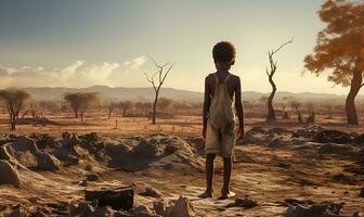 afrikanisch Kind im schäbig Kleider auf unfruchtbar Land, ai generativ foto