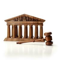 Richter Hammer und Miniatur Bank Symbol gemacht von Weiß Holz Hintergrund, ai generativ foto
