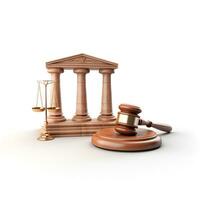 Richter Hammer und Miniatur Bank Symbol gemacht von Weiß Holz Hintergrund, ai generativ foto
