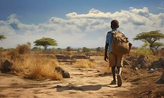 Arm afrikanisch Schule Kind beim trocken Land, ai generativ foto