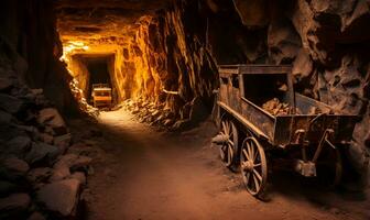 Bergwerk Wagen Innerhalb ein verlassen Mine, ai generativ foto
