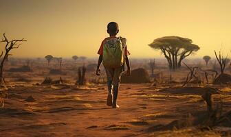 Arm afrikanisch Schule Kind beim trocken Land, ai generativ foto