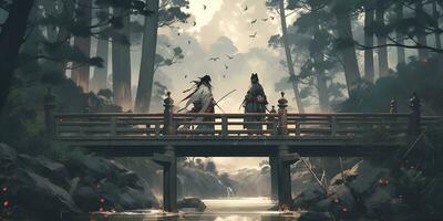 Gemälde von zwei Samurai Kampf auf ein Brücke, ai generativ foto