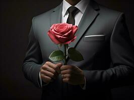 Herren im Anzüge halten Rosen leer Raum, ai generativ foto