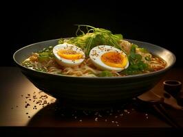 ein Schüssel von Makro Ramen gekrönt mit Katsu und gekocht Ei, ai generativ foto