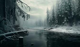 Fluss im Winter im schneebedeckt Wald, ai generativ foto