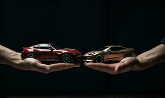 Hand halten realistisch Spielzeug Auto, ai generativ foto