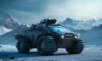 fortgeschritten schwer Militär- Fahrzeuge im ein schneebedeckt Eis Umfeld, ai generativ foto