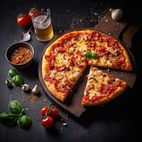 Pizza Napoleon ,Italienisch Essen auf ein dunkel rustikal Hintergrund, generativ ai. foto