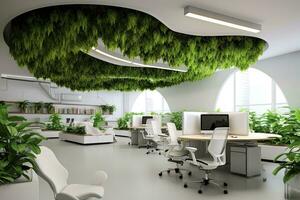 modern Büro , Innere mit Pflanze. 3D, generativ ai. foto