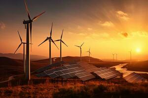 Solar- Paneele und Wind Turbinen beim Sonnenuntergang.umweltfreundlich verlängerbar Energie Konzept. Generation foto