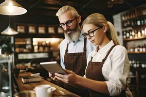 Geschäft Inhaber Züge Angestellte mit ein Tablette auf Digital Tablette während Stehen beim Cafe ,generativ ai . foto