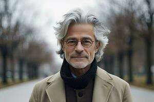 europäisch Mann im 70er, Mittel grau Haar, Park Hintergrund , generativ ai foto