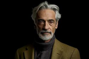 europäisch ernst Mann im 60er, Mittel grau Haar, schwarz Hintergrund , generativ ai foto