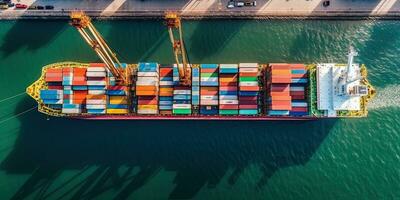 oben Sicht. Container Schiff im das Seebrücke mit Kran Brücke trägt und physisch System Symbole aus Export und importieren Geschäft im das öffnen Meer. Logistik und Transport , generativ ai . foto