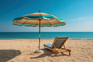 das Strand Chaise Salon und Regenschirm auf Sand .generativ ai foto